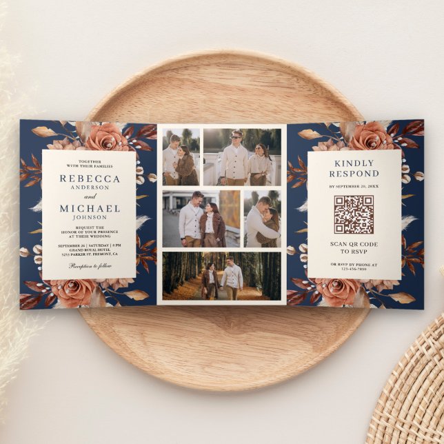 Invitation Trois Volets Crème et Terracotta Floral QR Code Marine Mariage (Créateur téléchargé)