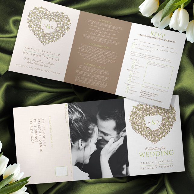 Invitation Trois Volets Crème tulip brun encre d'art coeur monogramme mari (Créateur téléchargé)