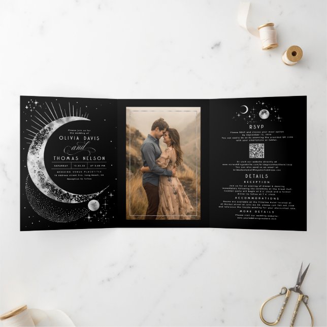 Invitation Trois Volets Crescent Moon Sun Halo Celestial Mariage Photo (Intérieur)