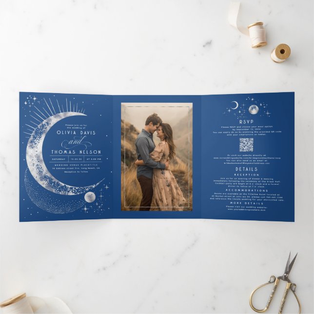Invitation Trois Volets Crescent Moon Sun Halo Celestial Mariage Photo (Intérieur)