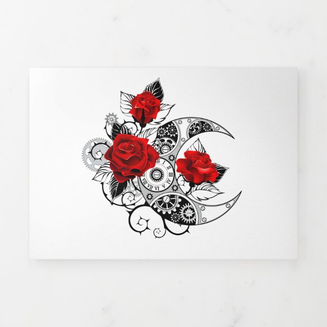 Invitation Trois Volets Croissant mécanique avec roses rouges (Page de couverture)