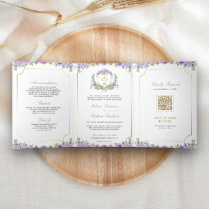 Invitation Trois Volets Croix catholique dorée à fleurs violettes Code QR