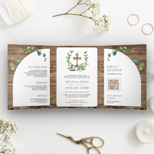 Invitation Trois Volets Croix du bois d'Eucalyptus en un seul Mariage cath