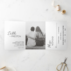 Invitation Trois Volets Dahlia Noir et blanc Contemporain Mariage moderne