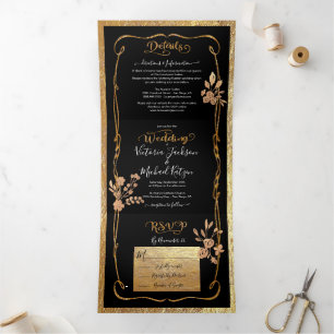 Invitation Trois Volets Dark & Moody Gold et Black Floral Mariage