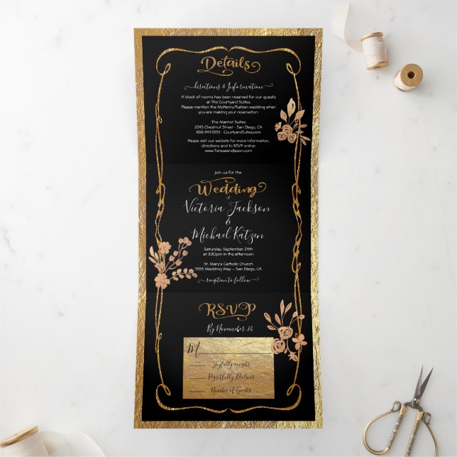 Invitation Trois Volets Dark & Moody Gold et Black Floral Mariage (Intérieur)