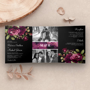 Invitation Trois Volets Dark Moody Plum Roses Photo Collage Mariage noir