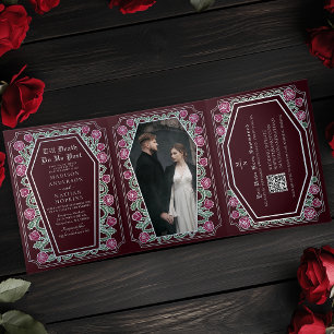Invitation Trois Volets Décès Nous Part Rose Rouge Gothique Mariage QR Cod