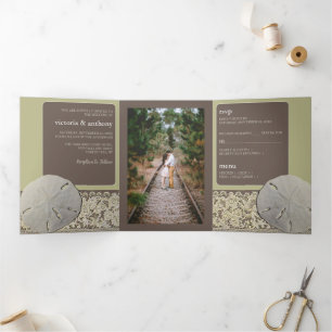 Invitation Trois Volets Dentelle de sable, Mariage de plage Vintage