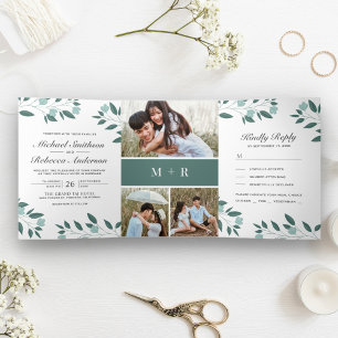 Invitation Trois Volets Direction des Feuilles turquoises 3 en 1 Mariage p