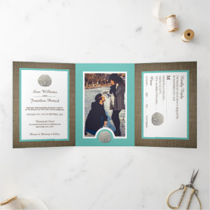 Invitation Trois Volets Dollars de sable & Burlap, Turquoise Beach Wedding