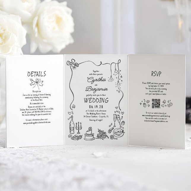 Invitation Trois Volets Doodles Whimsical Funky Photo Mariage moderne (Hand drawn Whimsical Funky French Style Wedding Invitation)