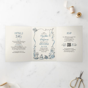 Invitation Trois Volets Doodles Whimsical Funky Photo Mariage moderne