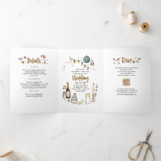 Invitation Trois Volets Doodles Whimsical Funky Photo Mariage moderne (Intérieur)