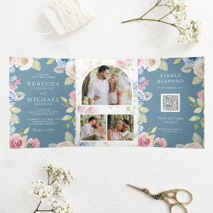 Invitation Trois Volets Douce Florale Printanière Bleu Poussiéreux Code QR