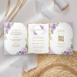 Invitation Trois Volets Douce Mariage Fleurie Violet Lilas Or Tout En Un