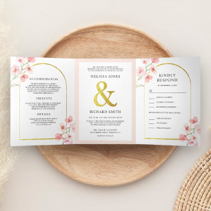 Invitation Trois Volets Douce Mariage Floral Arc Fleur de Cerisier Rose Te