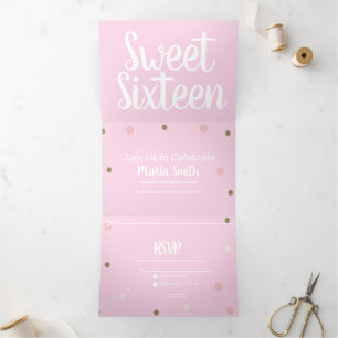 Invitation Trois Volets Doux moderne 16 points roses or