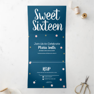 Invitation Trois Volets Doux moderne 16 points roses or