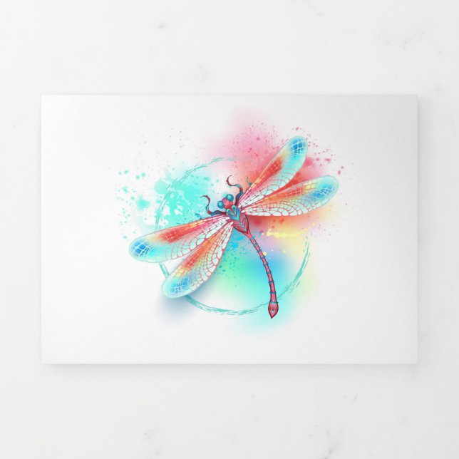 Invitation Trois Volets Dragonfly rouge sur l'arrière - plan aquarelle (Page de couverture)