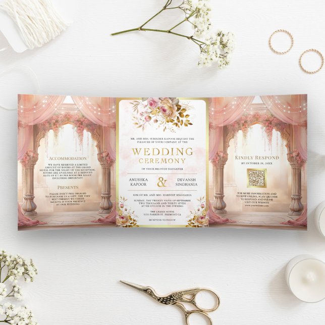 Invitation Trois Volets Dreamink Floral Indien Mandap Mariage hindou (Créateur téléchargé)