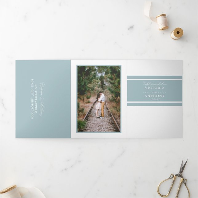 Invitation Trois Volets Duck Egg Blue Moderne Mariage Suite (Extérieur)