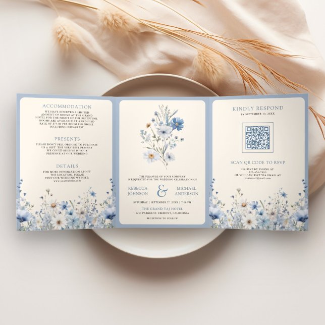 Invitation Trois Volets Dusty Blue Boho Fleur sauvage Photo QR Code Mariag (Créateur téléchargé)