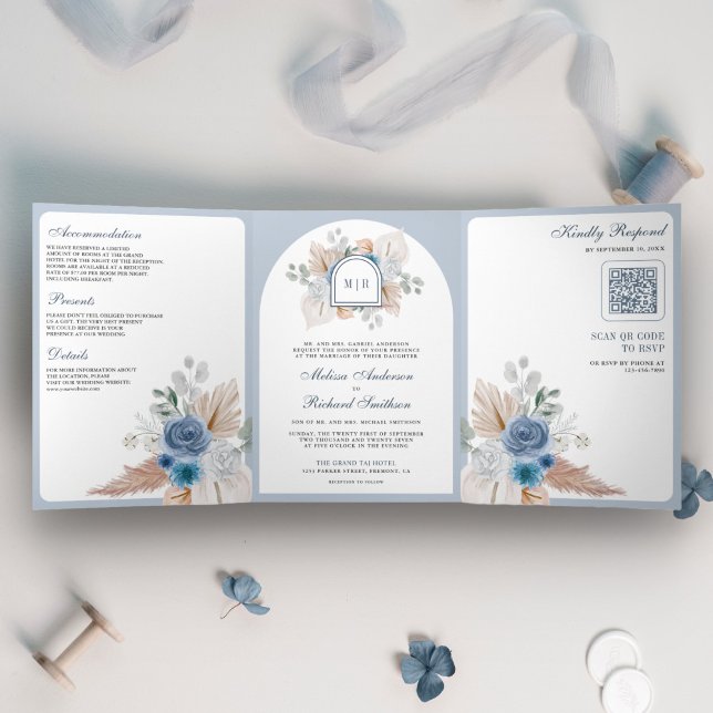 Invitation Trois Volets Dusty Blue Floral Boho Pampas QR Code Mariage (Créateur téléchargé)