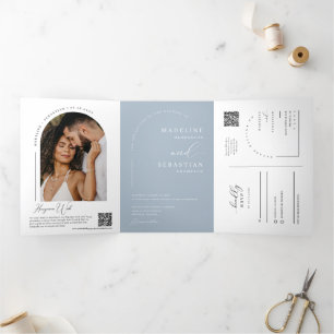 Invitation Trois Volets Dusty Blue Minimal Arch Photo QR Code Wedding