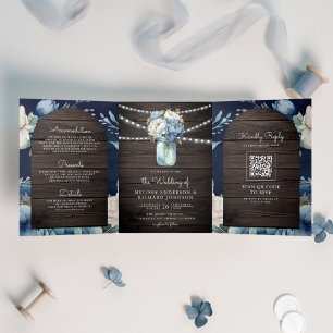 Invitation Trois Volets Dusty Blue Peony Mason Jar QR Code Mariage en bois