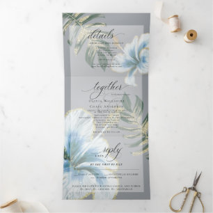 Invitation Trois Volets Dusty Blue Watercolor Hibiscus Foliage Mariage