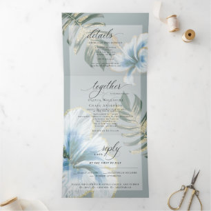 Invitation Trois Volets Dusty Blue Watercolor Hibiscus Foliage Mariage Tri