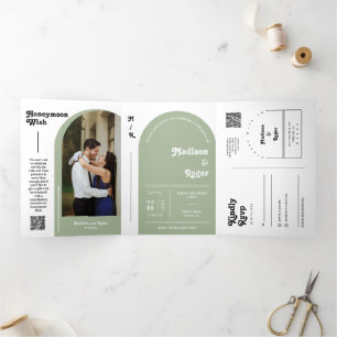 Invitation Trois Volets Dusty Green Retro Boho Arch Photo QR Code Mariage