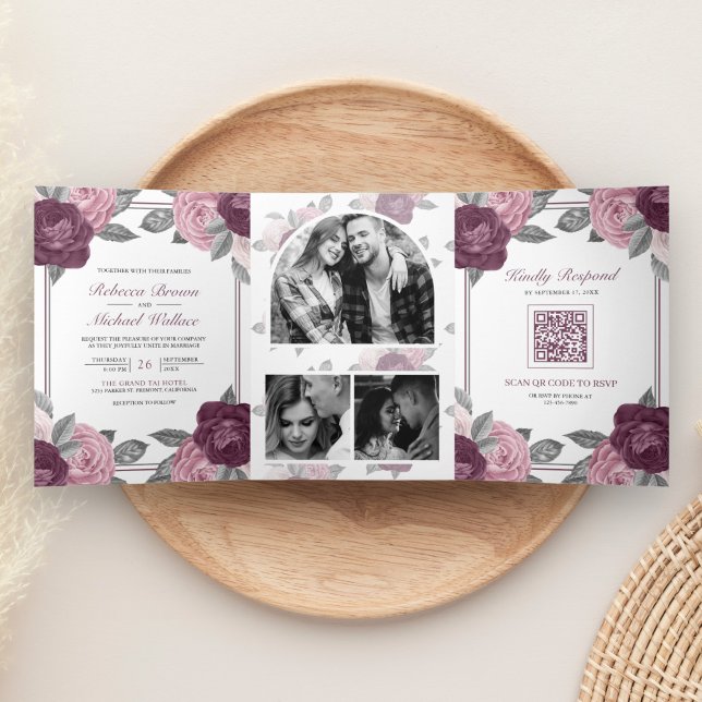 Invitation Trois Volets Dusty Mauve Purple Rose Rose QR Code Mariage (Créateur téléchargé)