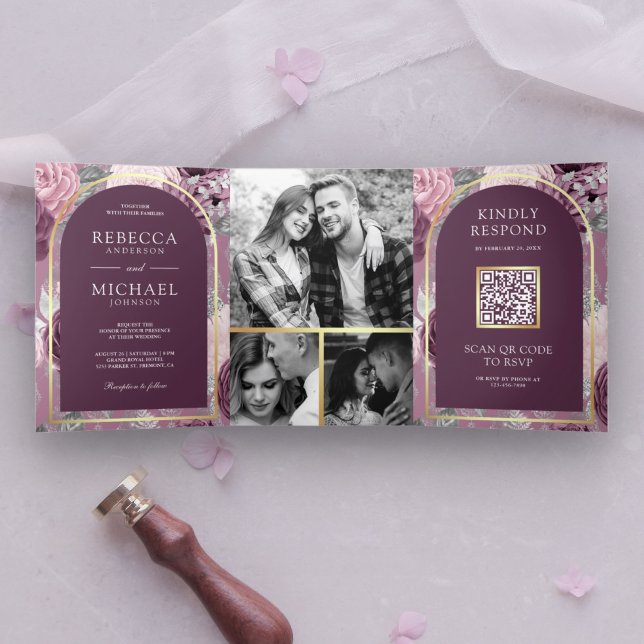 Invitation Trois Volets Dusty Mauve Violet Arc Floral QR Code Mariage (Créateur téléchargé)
