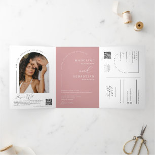 Invitation Trois Volets Dusty Pink Modern Boho Arch Photo QR Code Wedding