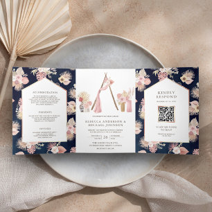 Invitation Trois Volets Dusty rose Floral Boho Arbor Navy QR Code Mariage