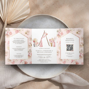 Invitation Trois Volets Dusty rose Floral Boho Beach Arbor QR Code Mariage