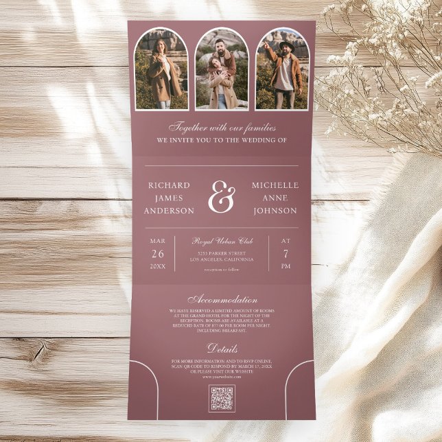 Invitation Trois Volets Dusty Rose Minimal Arch Photo QR code Wedding (Créateur téléchargé)