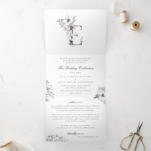 Invitation Trois Volets 'E' Monogramme Beau Mariage floral croisé (Intérieur)