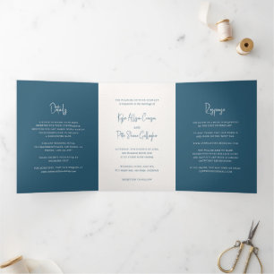 Invitation Trois Volets Écriture Manuscrite Bleue Moderne Élégante Mariage