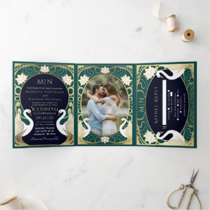 Invitation Trois Volets Elégant Art Nouveau Swans Mariage