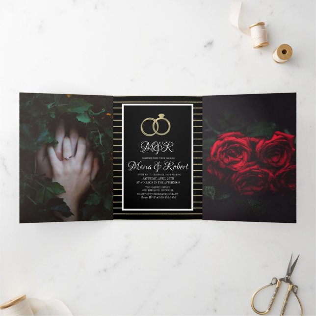 Invitation Trois Volets Élégant Black Gold Stripes Mariage à huile (Intérieur)