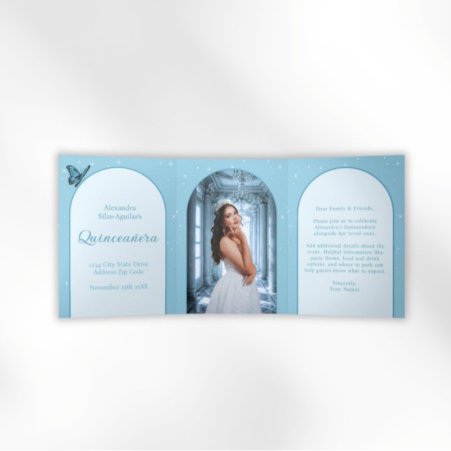 Invitation Trois Volets Elégant bleu clair Quinceañera - Photo personnalis (Elegant Light Blue Quinceañera Invitations)