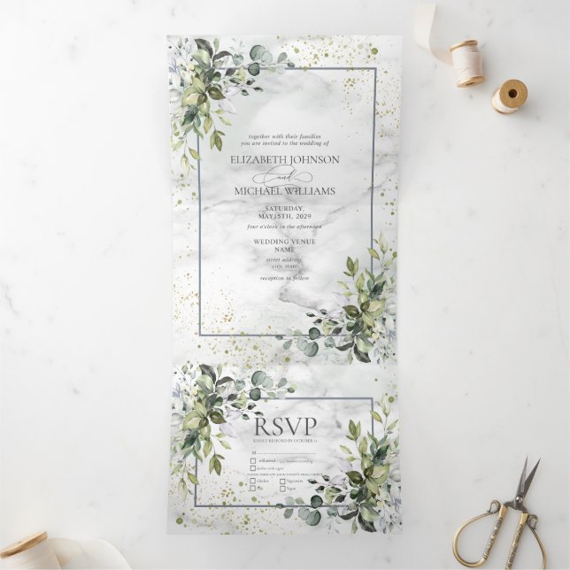 Invitation Trois Volets Elégant bleu Dusty Eucalyptus Marbre vert (Intérieur)