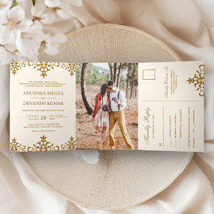 Invitation Trois Volets Élégant Brown Damas Mariage indien traditionnel