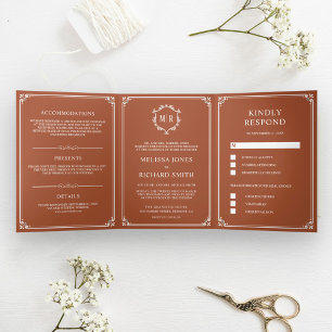 Invitation Trois Volets Élégant classique en terre cuite Monogram Mariage