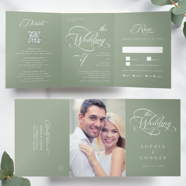 Invitation Trois Volets Élégant Classy Calligraphie Mariage Sage Green (Inside & Outside)
