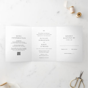 Invitation Trois Volets Élégant code QR noir et blanc mariage classique