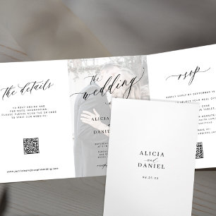 Invitation Trois Volets Elégant code QR RSVP photo blanc mariage